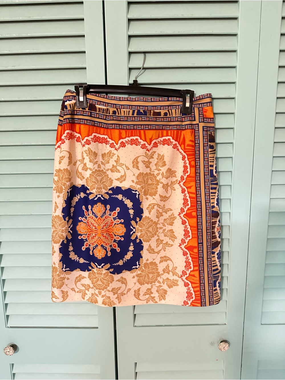 ANTONIO MELANI Orange, Navy & Cream Printed Medallion Mini Skirt